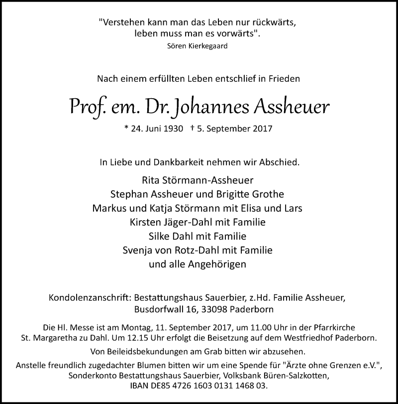  Traueranzeige für Johannes Assheuer vom 08.09.2017 aus Neue Westfälische