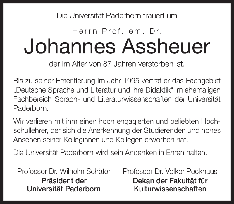  Traueranzeige für Johannes Assheuer vom 16.09.2017 aus Neue Westfälische