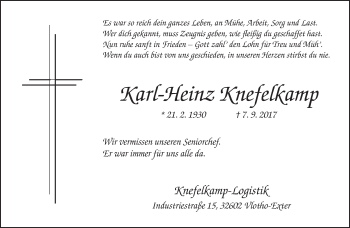 Traueranzeige von Karl-Heinz Knefelkamp von Neue Westfälische