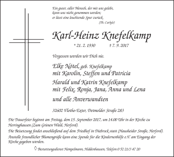 Traueranzeige von Karl-Heinz Knefelkamp von Neue Westfälische