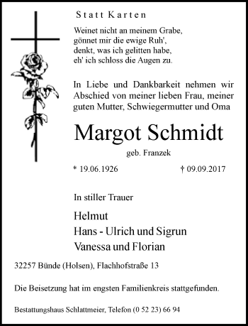 Traueranzeige von Margot Schmidt von Neue Westfälische