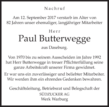 Traueranzeige von Paul Butterwegge von Neue Westfälische