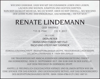 Traueranzeige von Renate Lindemann von Neue Westfälische