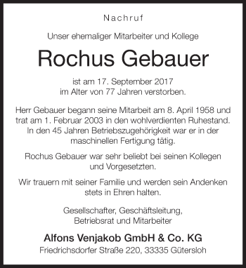 Traueranzeige von Rochus Gebauer von Neue Westfälische