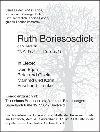 Traueranzeige von Ruth Boriesosdick