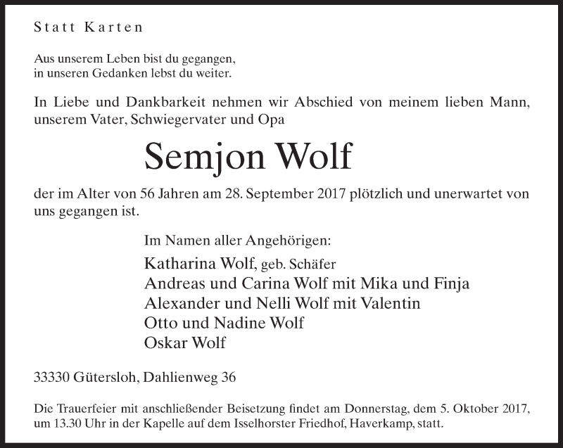  Traueranzeige für Semjon Wolf vom 30.09.2017 aus Neue Westfälische
