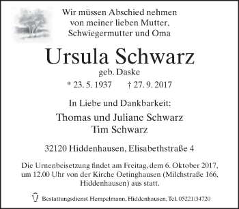 Traueranzeige von Ursula Schwarz von Neue Westfälische