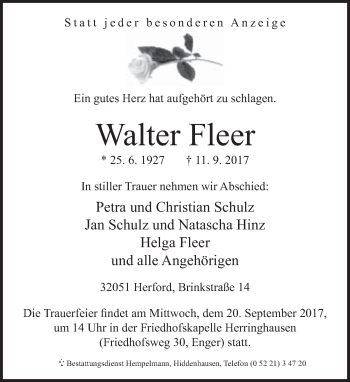Traueranzeige von Walter Fleer von Neue Westfälische
