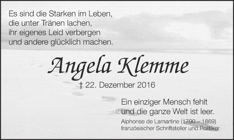  Traueranzeige für Angela Klemme vom 23.12.2017 aus Neue Westfälische