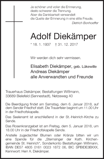 Traueranzeige von Adolf Diekämper von Neue Westfälische
