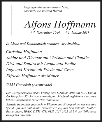 Traueranzeige von Alfons Hoffmann von Neue Westfälische