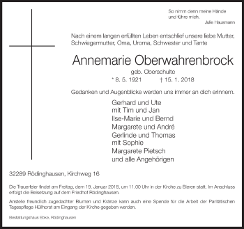 Traueranzeige von Annemarie Oberwahrenbrock von Neue Westfälische