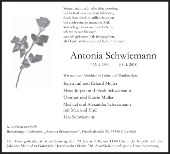 Traueranzeige von Antonia Schwiemann von Neue Westfälische
