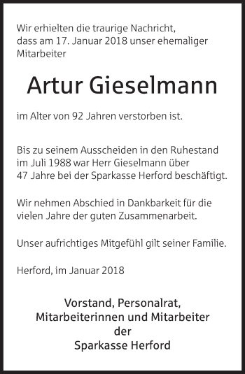 Traueranzeige von Artur Gieselmann von Neue Westfälische