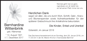 Traueranzeige von Bernhardine Wittenbrink von Neue Westfälische