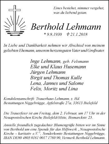 Traueranzeige von Berthold Lehmann