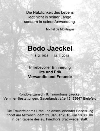 Traueranzeige von Bodo Jaeckel von Neue Westfälische