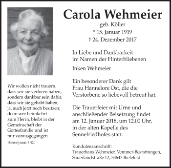 Traueranzeige von Carola Wehmeier von Neue Westfälische