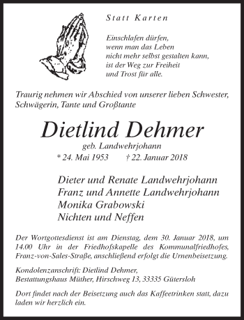 Traueranzeige von Dietlind Dehmer von Neue Westfälische
