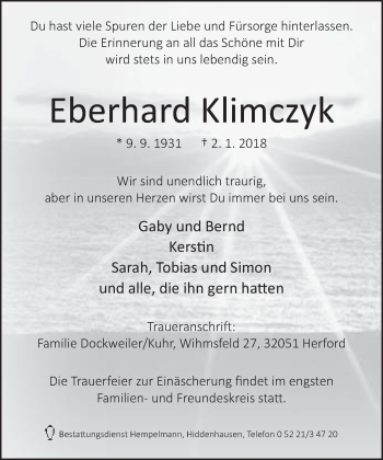 Traueranzeige von Eberhard Klimczyk von Neue Westfälische