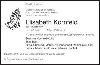 Traueranzeige von Elisabeth Kornfeld von Neue Westfälische