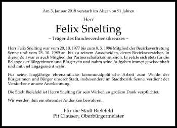 Traueranzeige von Felix Snelting von Neue Westfälische