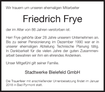 Traueranzeige von Friedrich Frye von Neue Westfälische