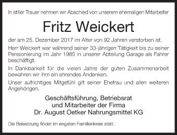 Traueranzeige von Fritz Weickert von Neue Westfälische