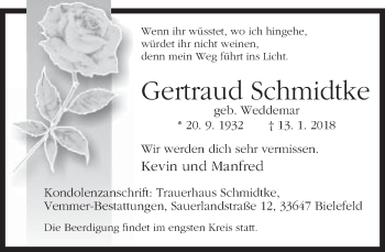 Traueranzeige von Gertraud Schmidtke von Neue Westfälische