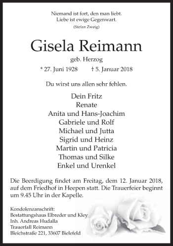 Traueranzeige von Gisela Reimann von Neue Westfälische