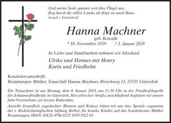 Traueranzeige von Hanna Machner von Neue Westfälische