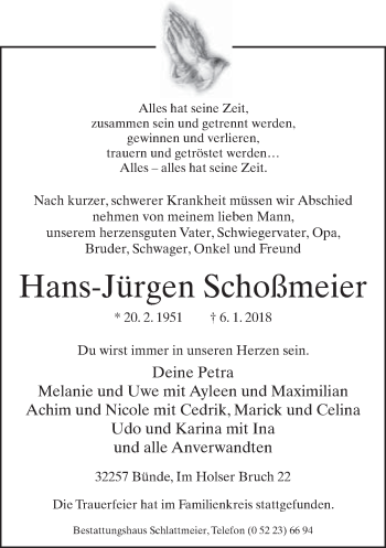 Traueranzeige von Hans-Jürgen Schoßmeier von Neue Westfälische