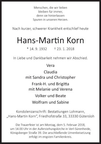 Traueranzeige von Hans-Martin Korn von Neue Westfälische