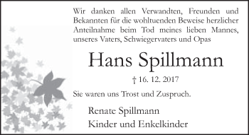 Traueranzeige von Hans Spillmann von Neue Westfälische