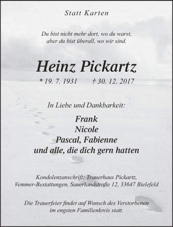 Traueranzeige von Heinz Pickartz von Neue Westfälische