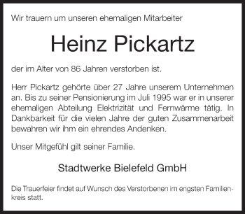 Traueranzeige von Heinz Pickartz von Neue Westfälische