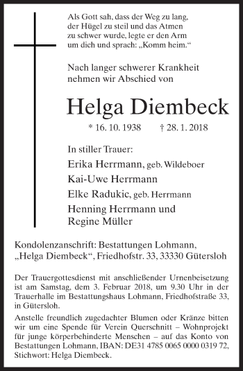 Traueranzeige von Helga Diembeck von Neue Westfälische