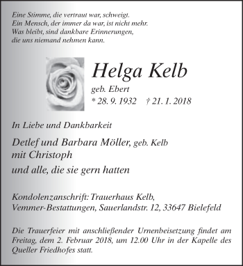 Traueranzeige von Helga Kelb von Neue Westfälische