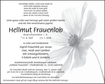 Traueranzeige von Hellmut Fratenlob von Neue Westfälische