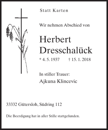 Traueranzeige von Herbert Dresschalück von Neue Westfälische