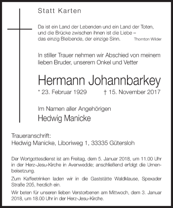 Traueranzeige von Hermann Johannbarkey von Neue Westfälische