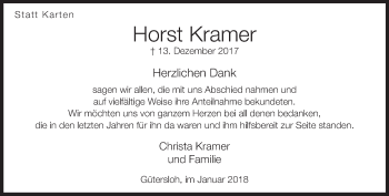 Traueranzeige von Horst Kramer von Neue Westfälische