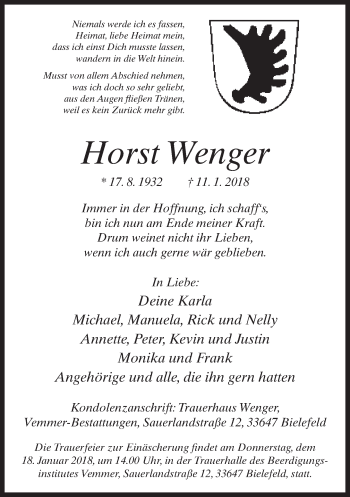 Traueranzeige von Horst Wenger von Neue Westfälische