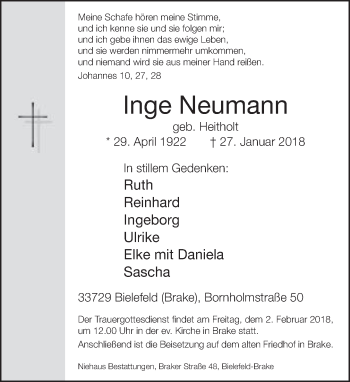 Traueranzeige von Inge Neumann von Neue Westfälische