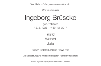 Traueranzeige von Ingeborg Brüseke von Neue Westfälische