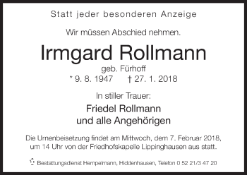 Traueranzeige von Irmgard Rollmann von Neue Westfälische