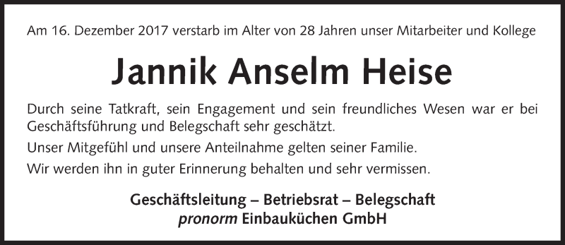  Traueranzeige für Jannik Anselm Heise vom 05.01.2018 aus Neue Westfälische