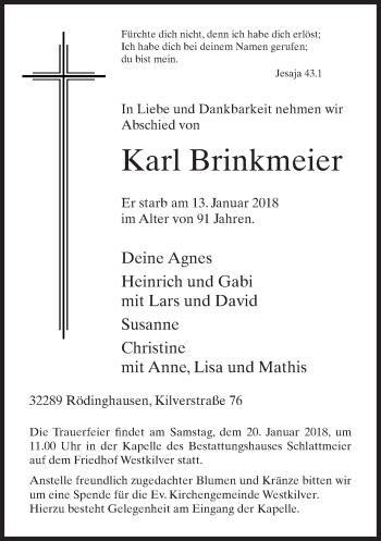 Traueranzeige von Karl Brinkmeier von Neue Westfälische