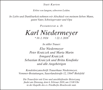 Traueranzeige von Karl Niedermeyer von Neue Westfälische