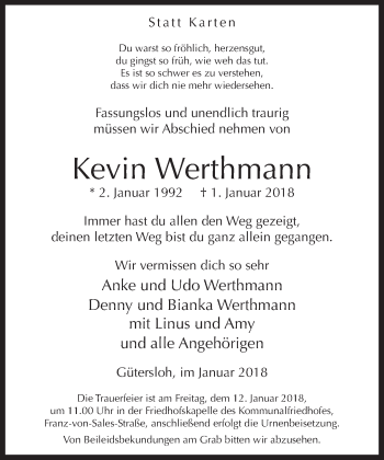 Traueranzeige von Kevin Werthmann von Neue Westfälische